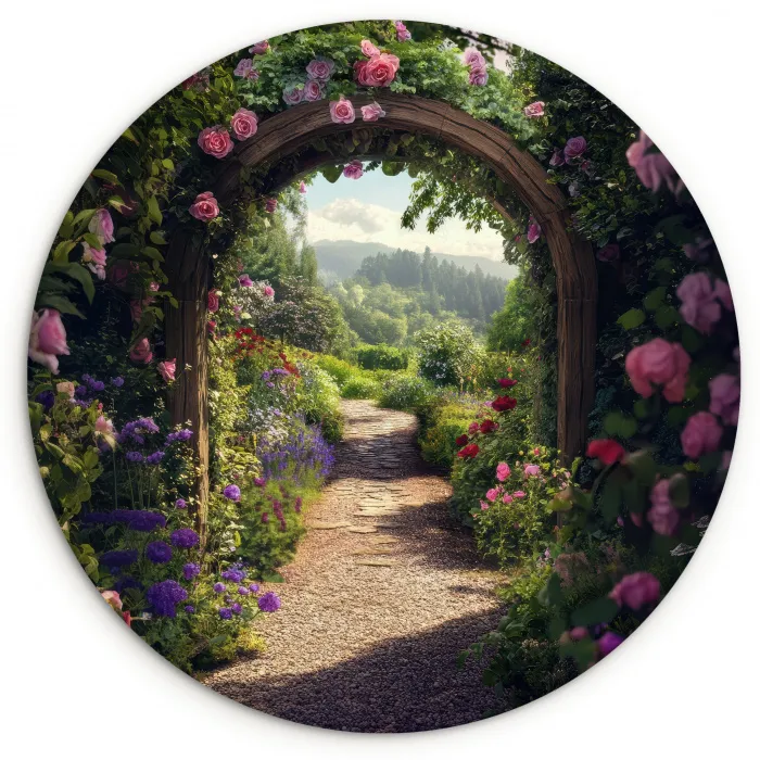 Doorkijk - Landschap - Bloemen - Rozenboog - Natuur Wandcirkel plexiglas klein -3d