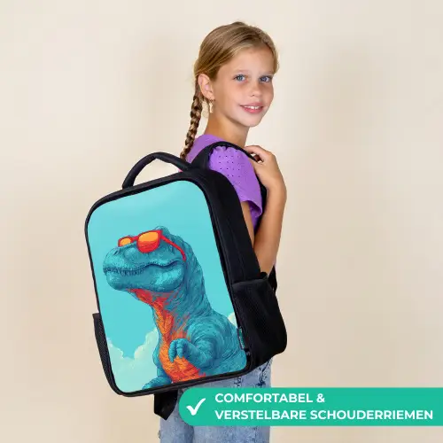 T-Rex - Blauw - Wolken - Zonnebril Rugzak - Zwart middel -sfeer6_NL