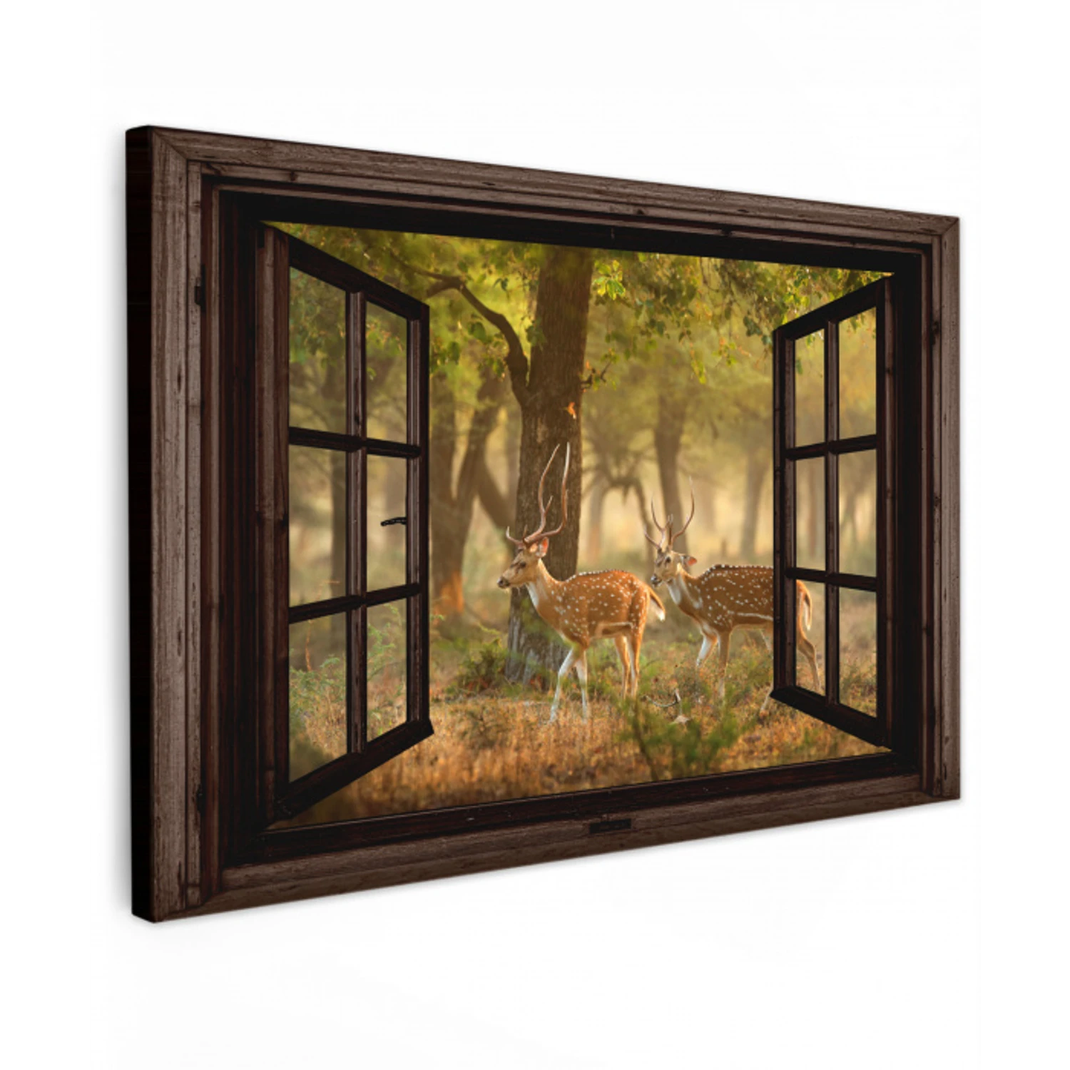 Herten - Bos - Herfst - Bosdieren - Natuur - Hert - Doorkijk Tuinposter op houten frame 2 cm dik klein -3d