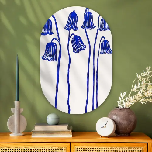 Bloemen - Blauw - Lijnen - Bloemblaadjes Wandcirkel Ovaal Glas middel -sfeer2