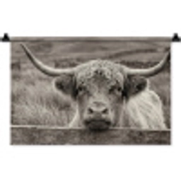 Schotse hooglander - Zwart - Wit - Hout Wandkleed katoen klein -zz3d