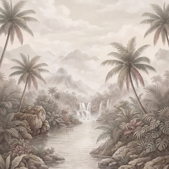 Behang - Jungle - Watervallen - Tropisch - Illustratie