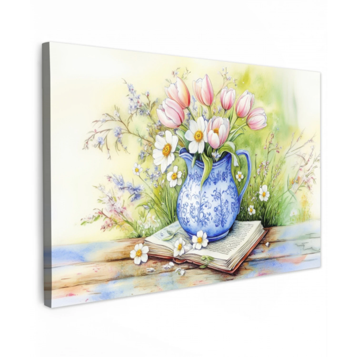 Vaas - Delftsblauw - Madeliefjes Tuinposter op houten frame 2 cm dik klein -3d