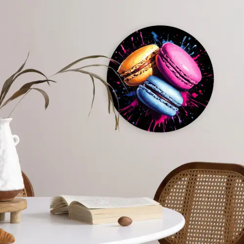 Macarons - Dessert - Graffiti - Kleurrijk - Roze - Blauw - Geel Wandcirkel kunststof plaat 5mm dik klein -sfeer4