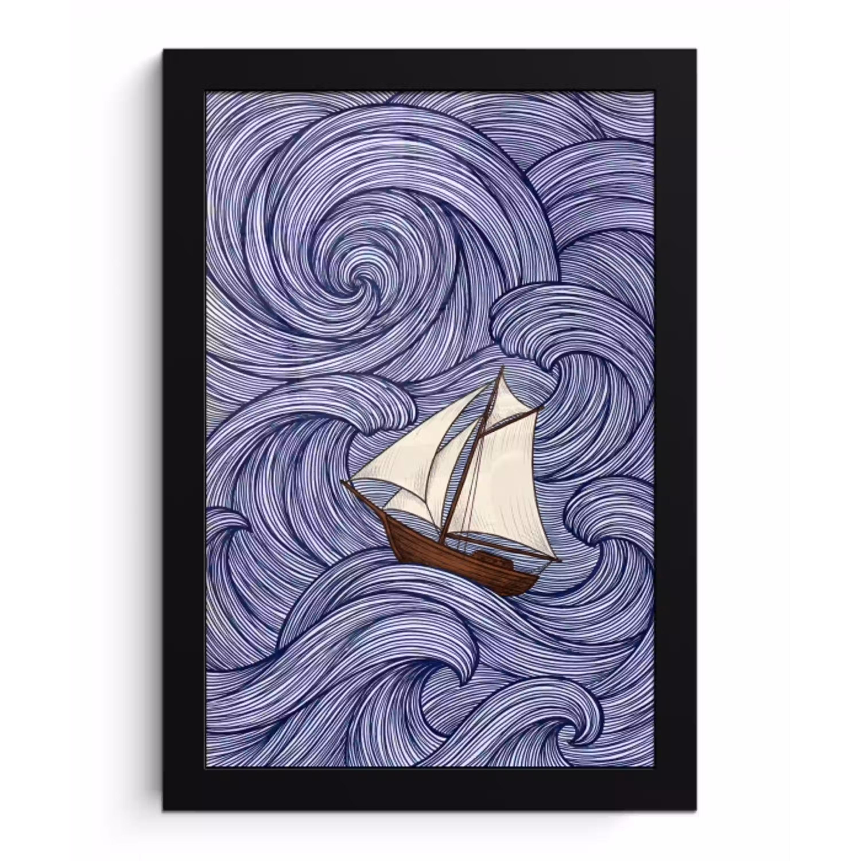 Schip - Golven - Zee - Illustratie - Blauw fotolijst zwart zonder passe partout klein -3d