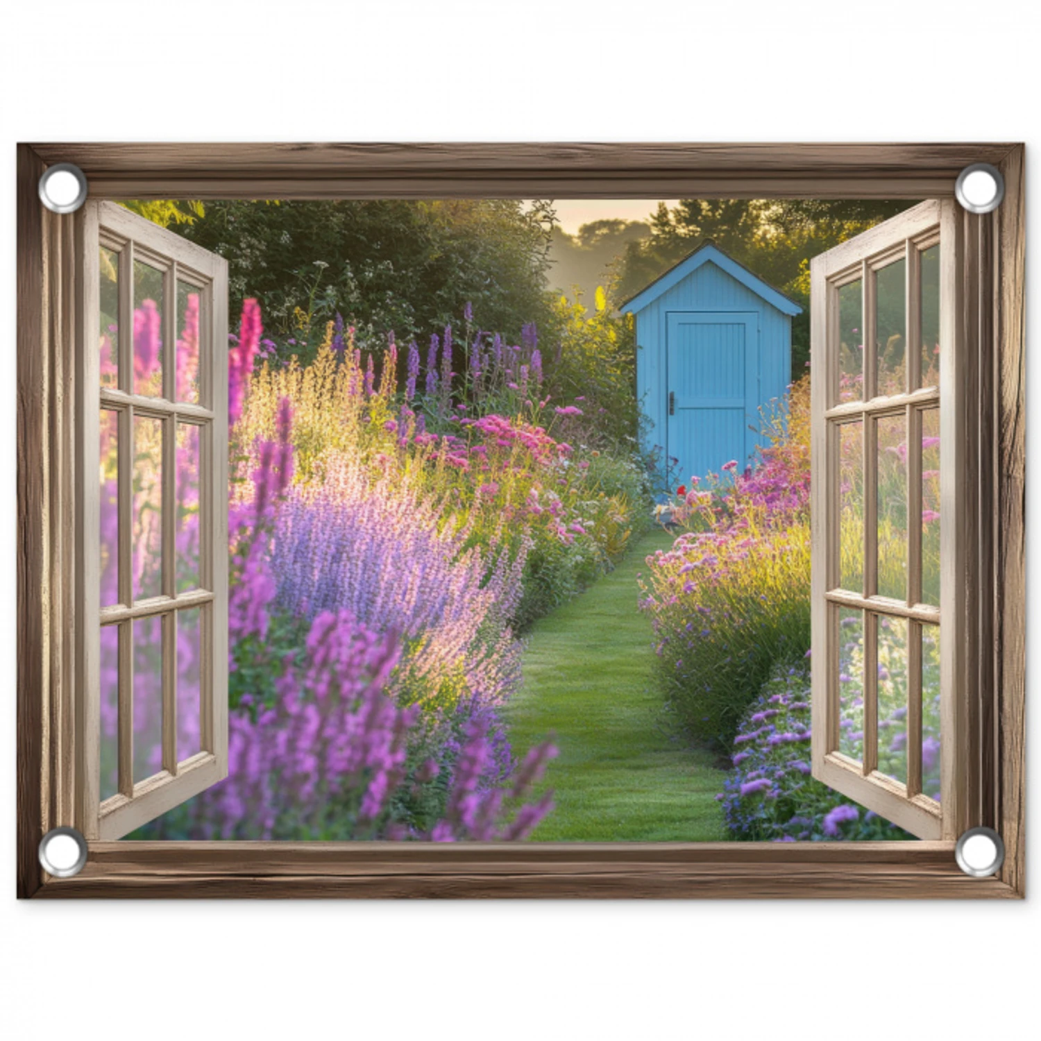 Doorkijk - Bloemen - Raam - Natuur tuinposter los doek klein -3d