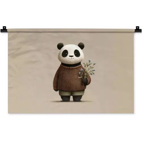Panda - Blauwe bloemen - Zachtheid Wandkleed katoen klein -zz3d
