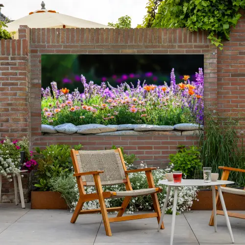 Bloemen - Steenrand - Kleurrijk Tuinposter op houten frame 2 cm dik xxl -sfeer3
