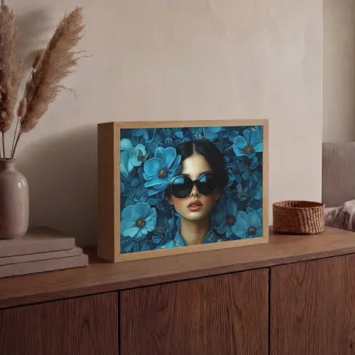 Vrouw - Bloemen - Blauw - Aesthetic - Luxe Light Box met batterij (Wandlamp) middel -sfeer2