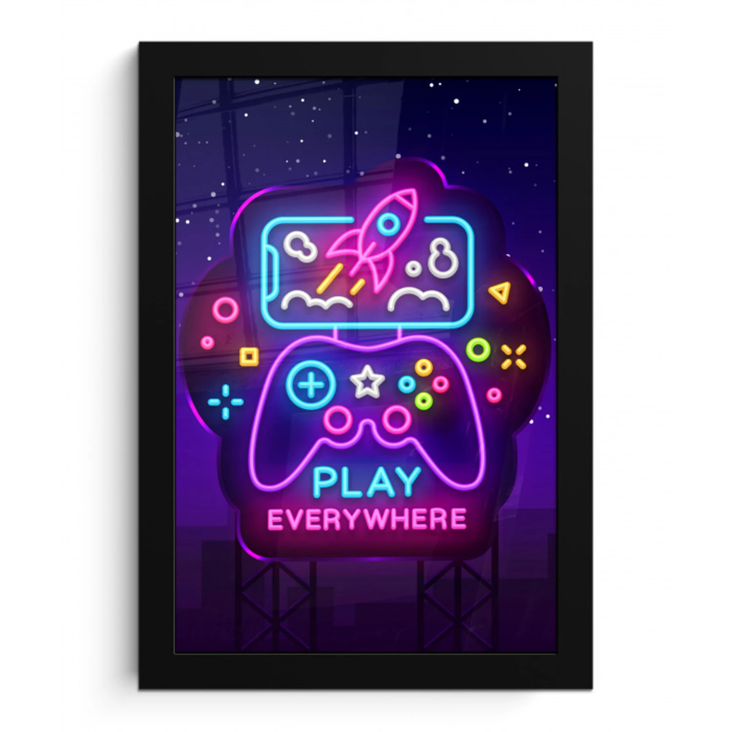 Gaming - Neon - Play - Blauw - Nacht - Controller fotolijst zwart zonder passe partout klein -3d