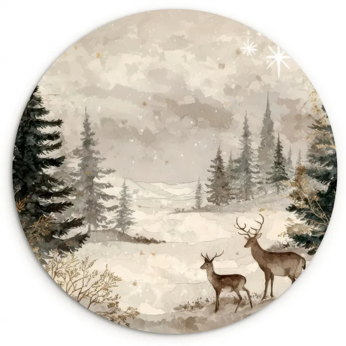 Bos - Herten - Winter - Sneeuw Wandcirkel kunststof plaat 5mm dik klein -3d