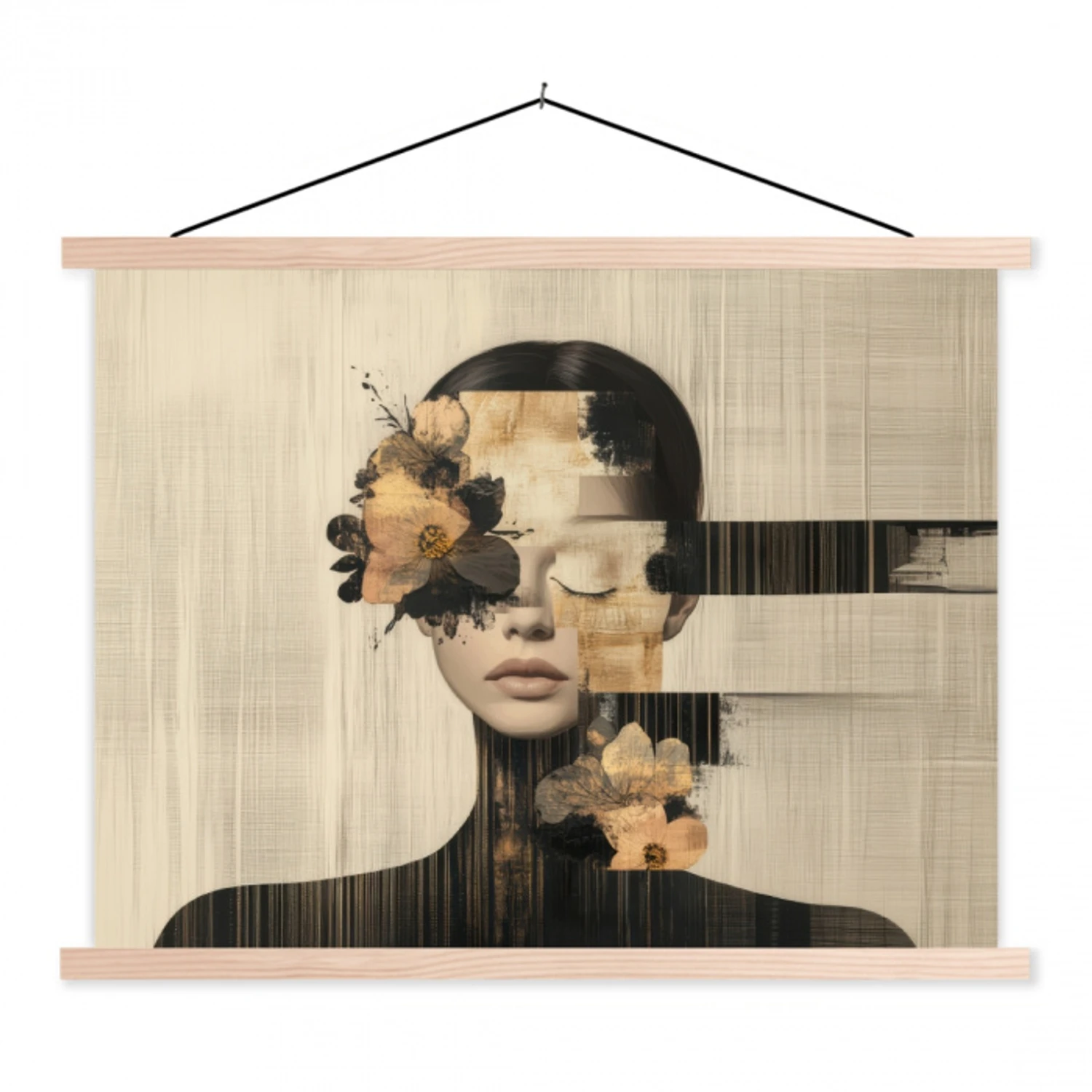Gezicht - Bloemen - Zwart - Vrouw textielposter latten blank klein -3d
