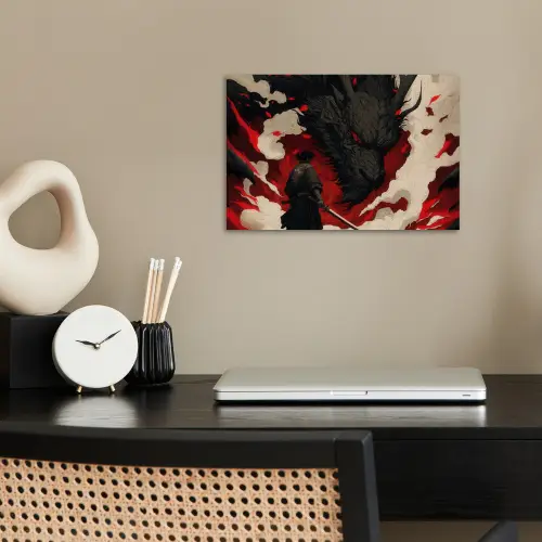 Krijger - Draak - Zwart - Rood - Rook poster papier klein -sfeer1