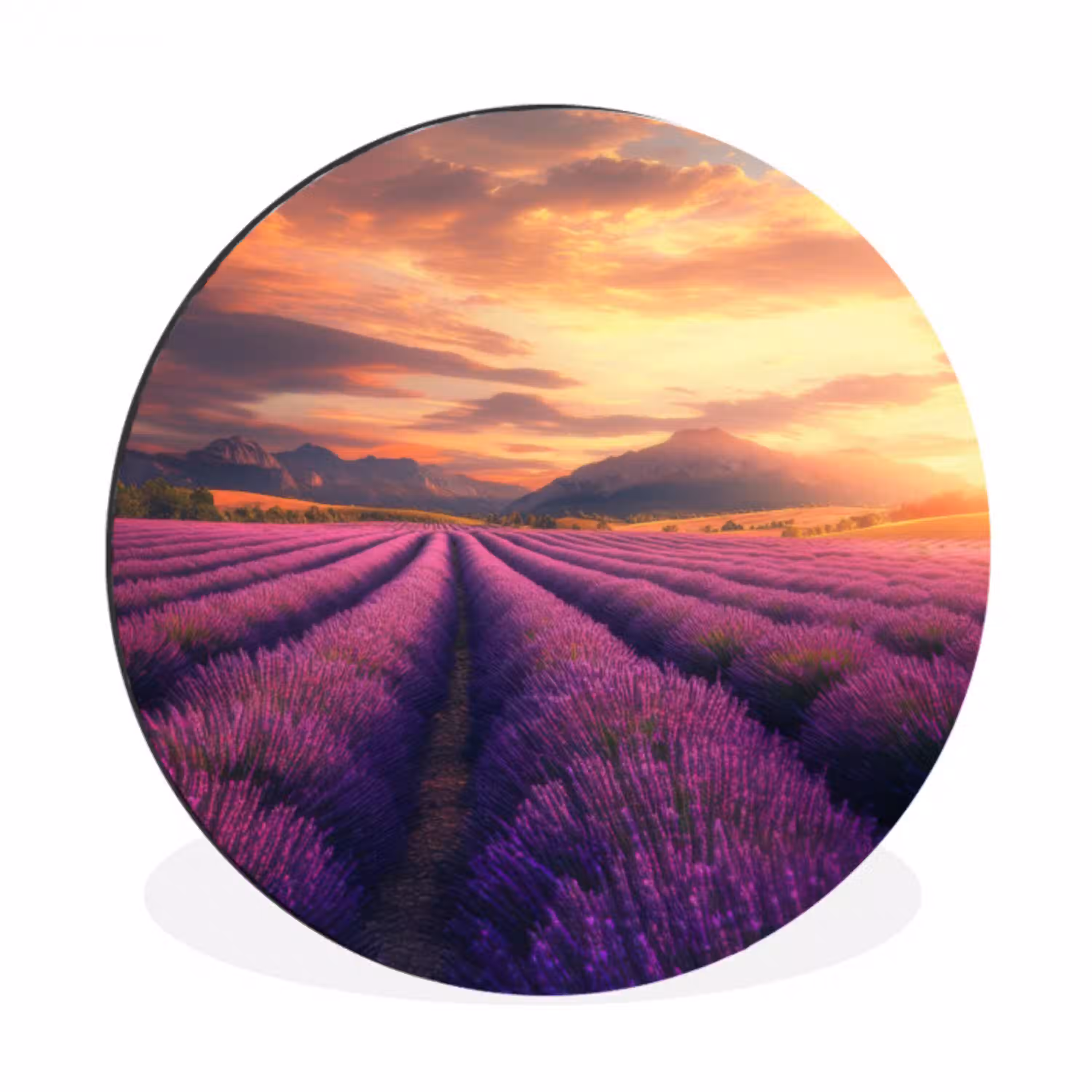 Lavendelveld - Zonsondergang - Paars Wandcirkel aluminium klein -3d