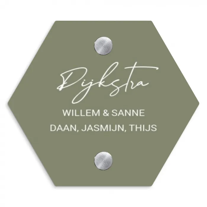 Olijfgroen - Sierlijk Naambord Hexagon klein -3d