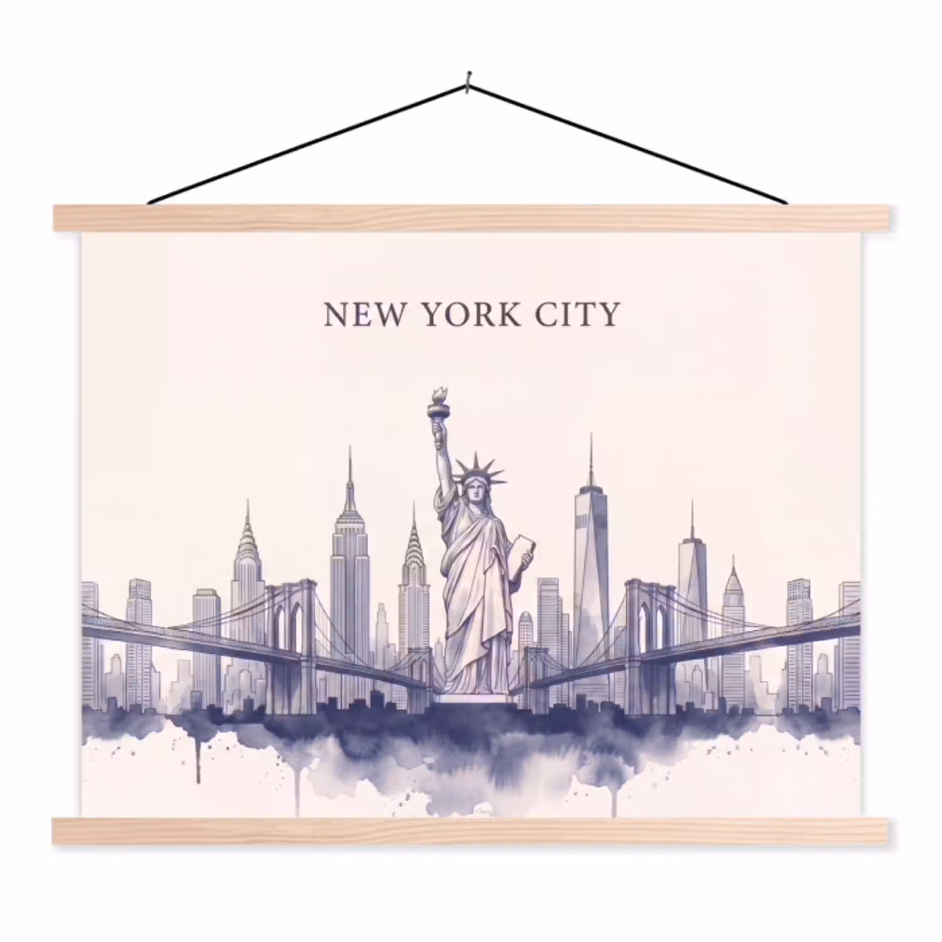 New York - Vrijheidsbeeld - Skyline - Illustratie - Blauw textielposter latten blank klein -3d