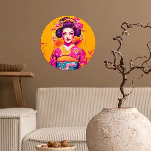 Bloemen - Vrouw - Kimono - Roze Wandcirkel behangsticker klein -sfeer1