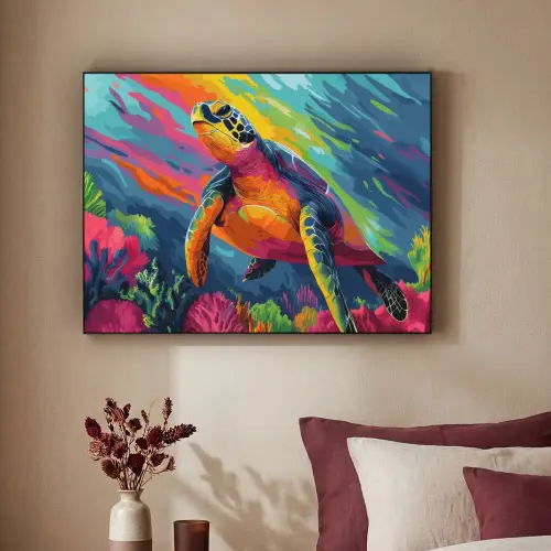Koraal - Schildpad - Abstract - Water Textielframe zwart klein -sfeer1