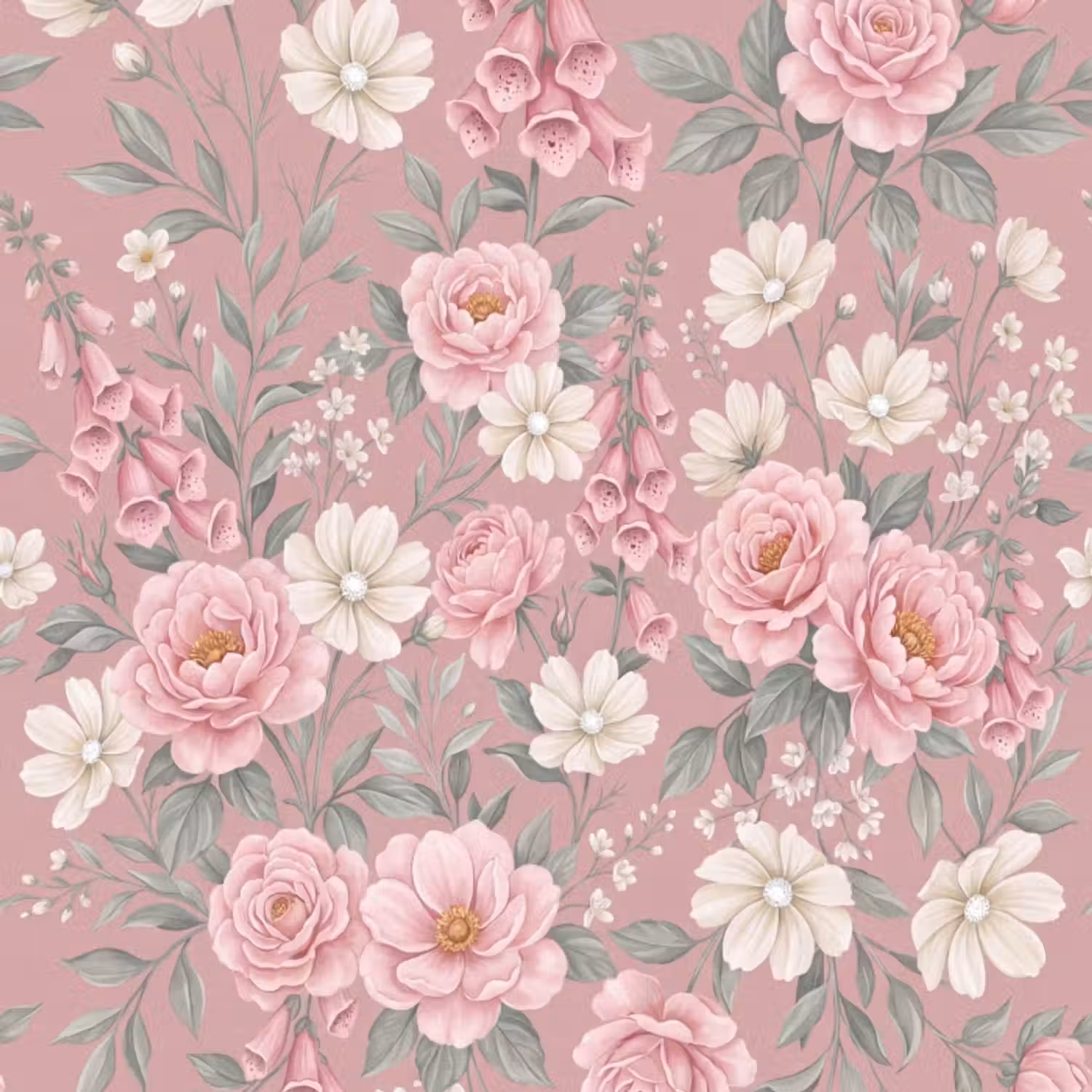 Behang - Pioenrozen - Vingerhoedskruid - Pink