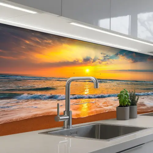 Zonsondergang - Strand - Zee - Wolken - Oranje keuken achterwand 2 middel -3d_schuin