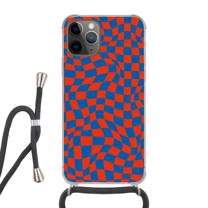 Golvende vakjes - Blauw - Rood - Abstract Hoesje iPhone 12 Pro met koord klein -3d