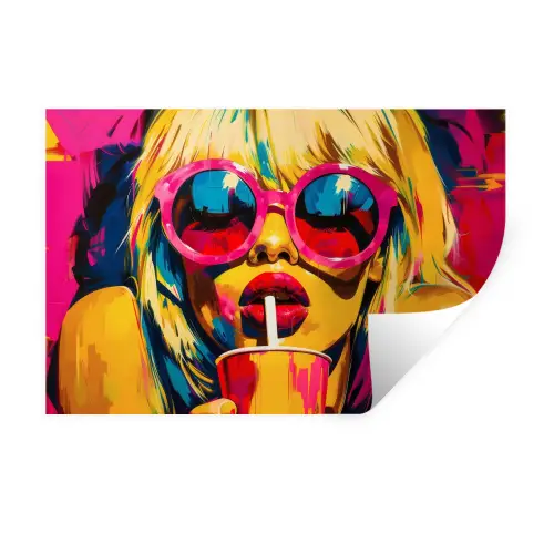 Zonnebril - Roze - Vrouw - Rietje Muursticker klein -3d