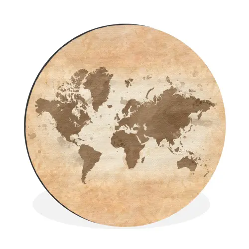 Wereldkaart - Beige - Bruin Wandcirkel aluminium klein -3d