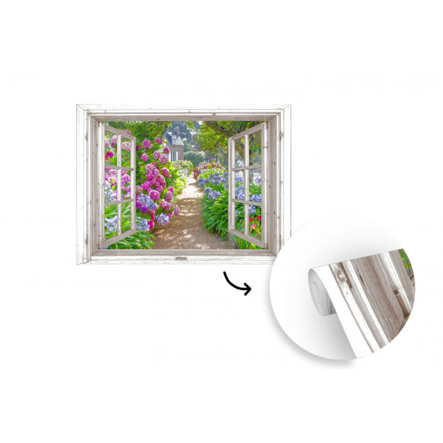 Hortensia - Doorkijk - Bloemen - Zomer - Paars - Pad fotobehang vinyl groot -3d