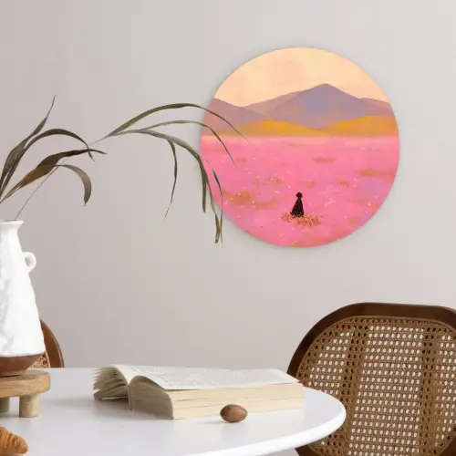 Bloemenweide - Heuvels - Silhouet - Roze Wandcirkel plexiglas klein -sfeer4