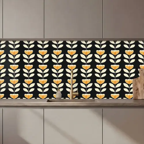 Retro - Bloem - Zwart - Okergeel keuken achterwand 2 middel 871 zz_3dshopping