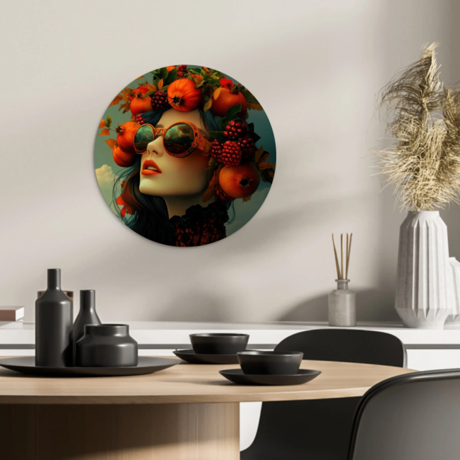 Vrouw - Granaatappel - Herfst - Zonnebril KitchenYeah - Keuken - Wandcirkel Forex klein -sfeer2