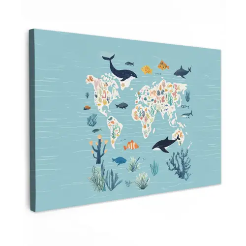 Wereldkaart - Zeeleven - Blauw Tuinposter op houten frame 2 cm dik klein -3d