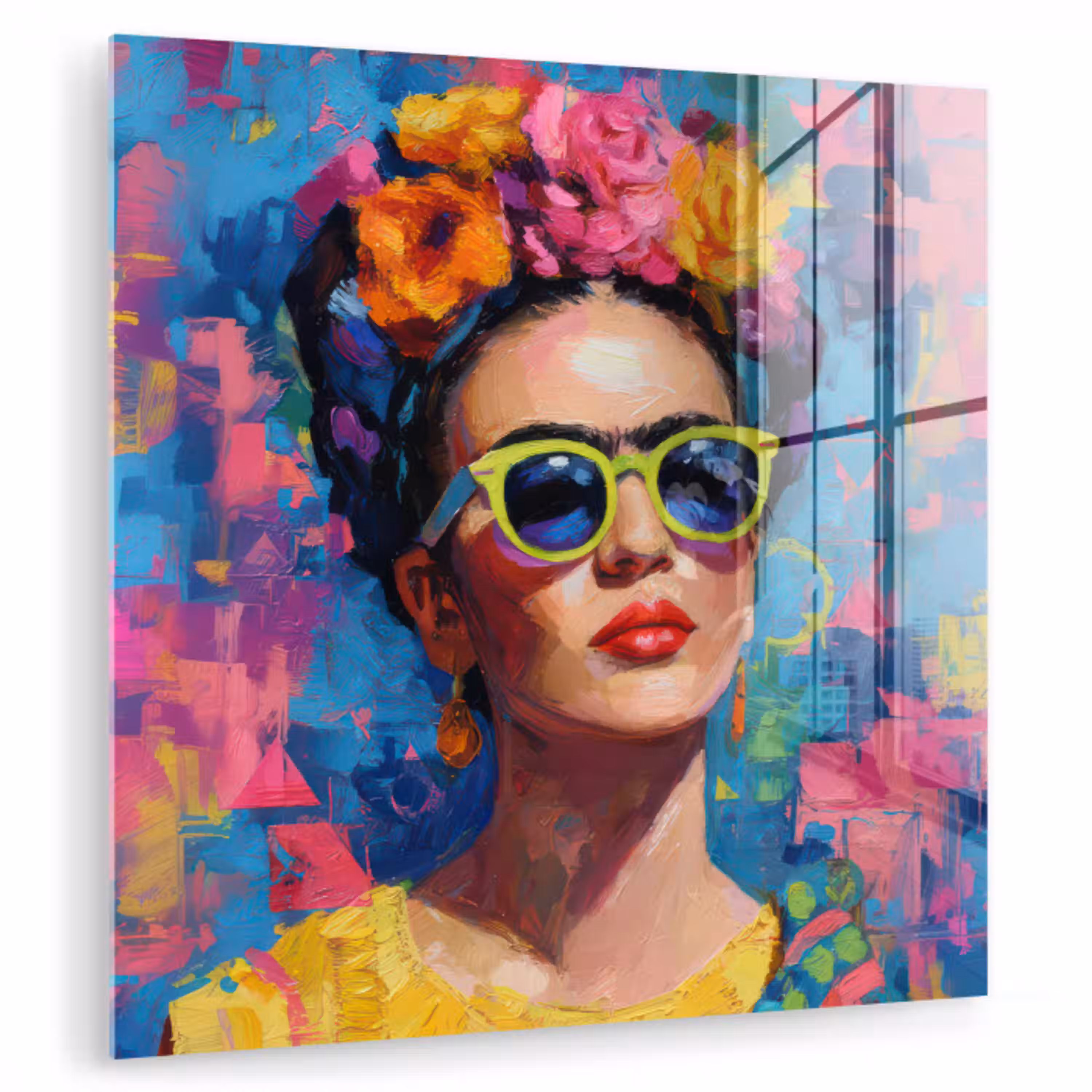Vrolijk portret - Vrouw - Bloemenkroon plexiglas 5mm klein -zzzproduct_nieuw