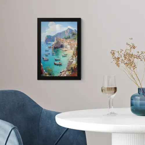 Kustdorp - Schilderij - Rotsen - Boten fotolijst zwart zonder passe partout klein -sfeer4