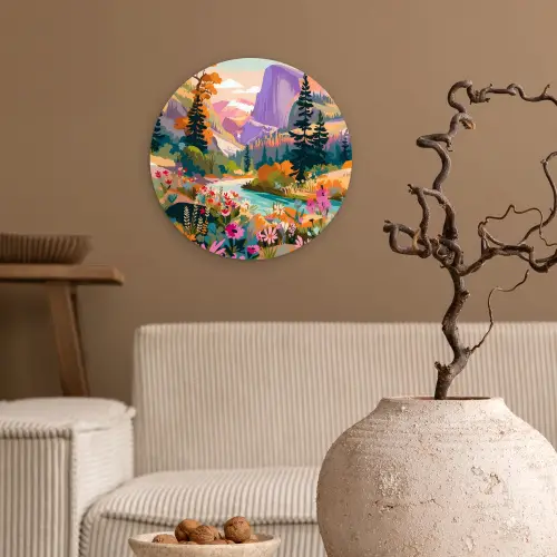 Rivier - Vallei vol bloemen - Levendig Wandcirkel kunststof plaat 5mm dik klein -sfeer1