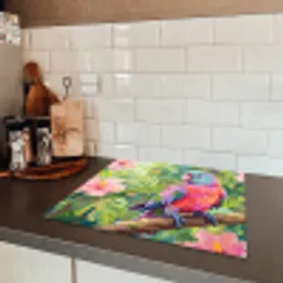 Papagaai - Hibiscusbloemen - Kleurrijk Inductie beschermer vinyl 3mm middel -sfeer3