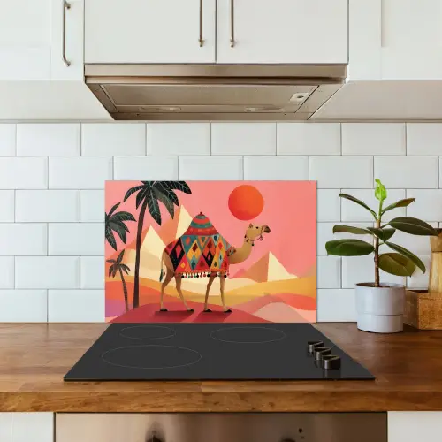 Kameel - Pyramides - Rode zon keuken achterwand spatscherm klein -sfeer2