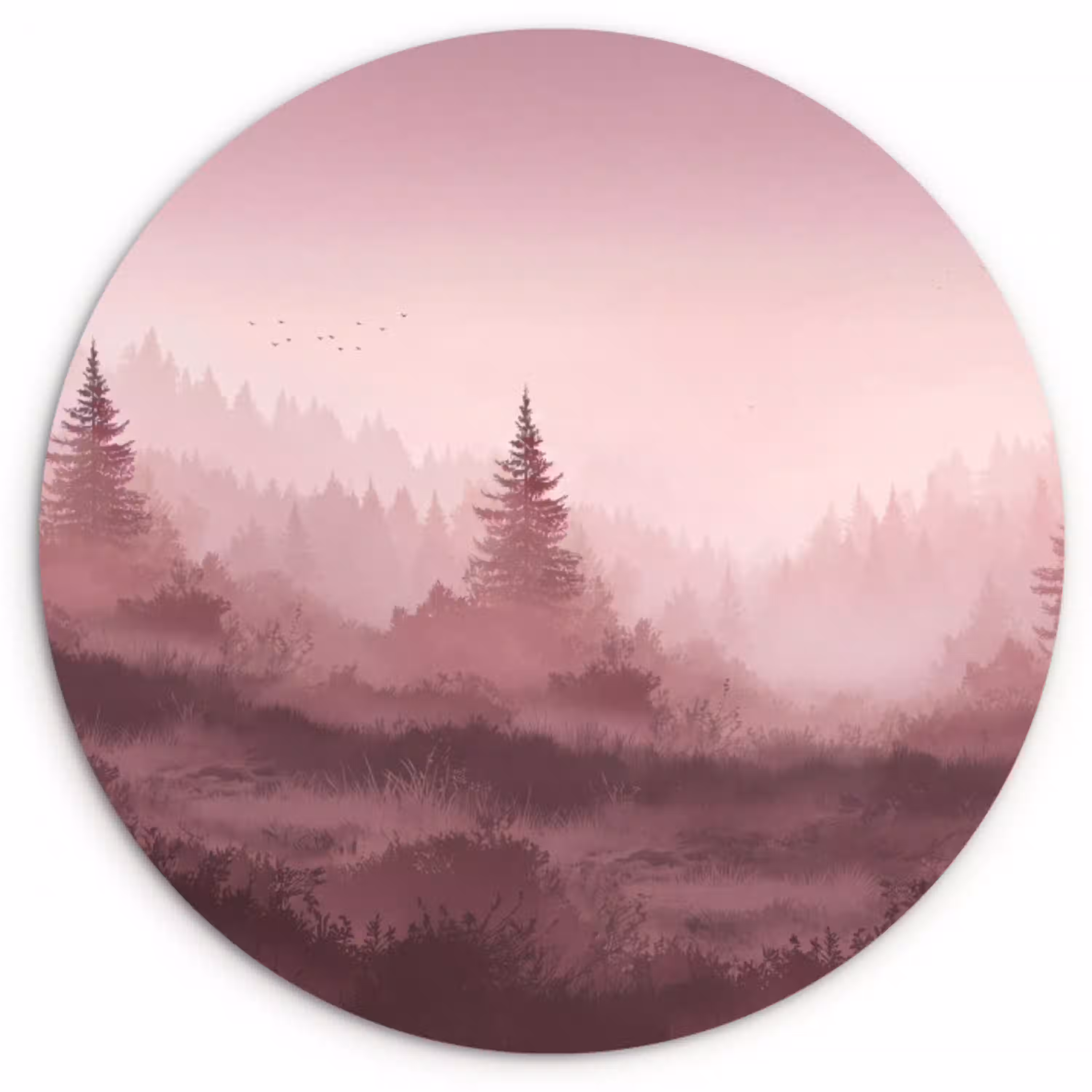Landschap - Mistig - Roze Wandcirkel kunststof plaat 5mm dik klein -3d