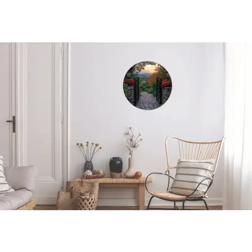 Landschap - Hek - Pad - Zonsondergang - Natuur Wandcirkel aluminium klein -woonkamer