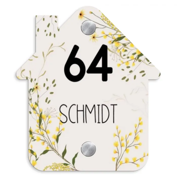 Gele bloemen - Modern Naambord Huisje klein -3d