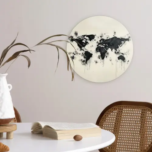 Wereldkaart - Zwart - Inkt Wandcirkel plexiglas klein -sfeer4