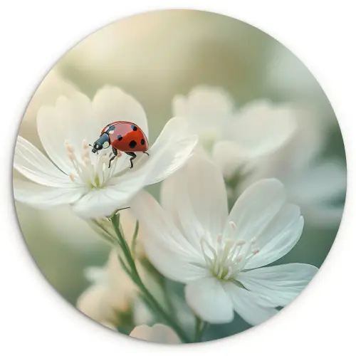 Lieveheersbeestje - Bloemen - Wit Wandcirkel kunststof plaat 5mm dik klein -3d