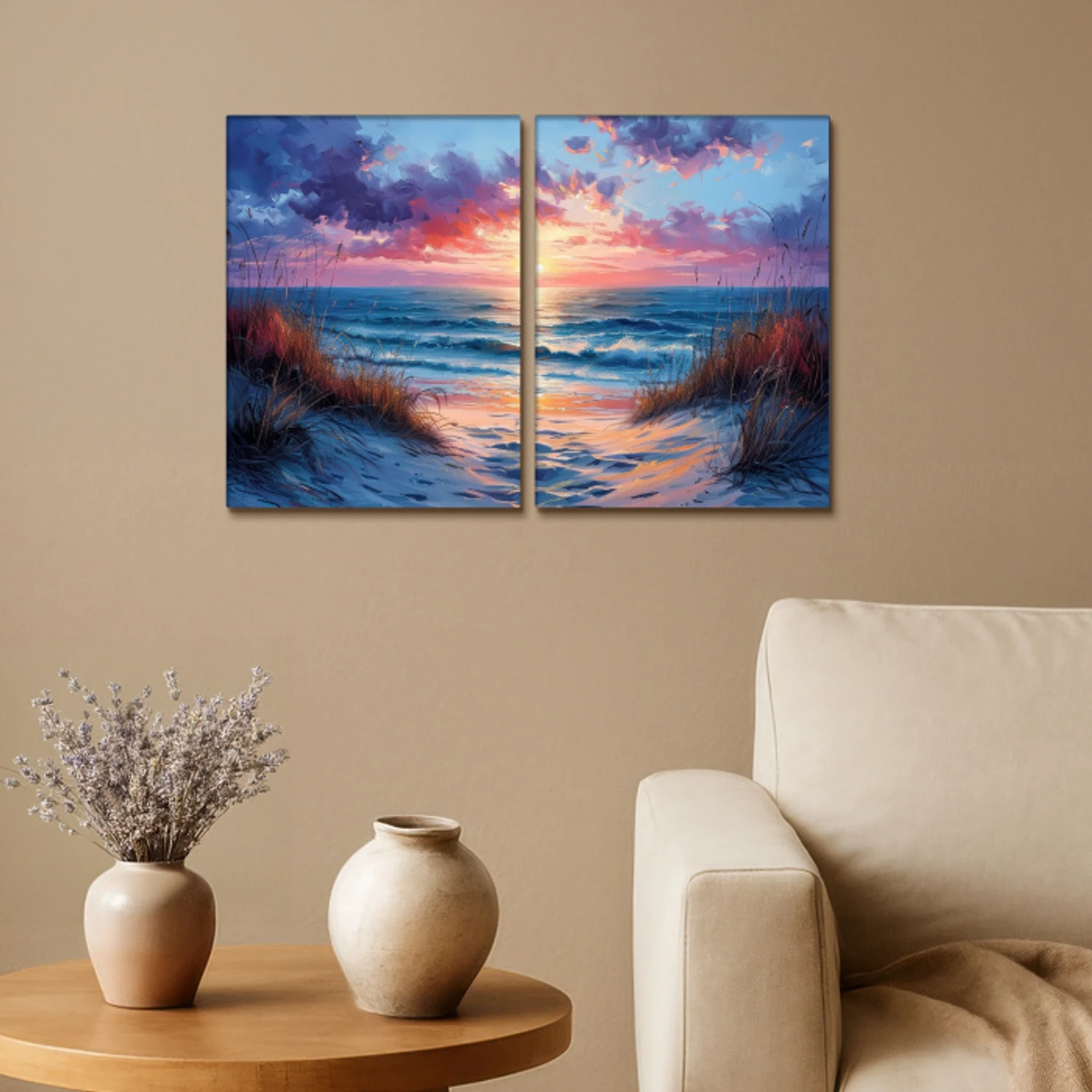 Strand - Blauw - Verf - Paars Canvas - Meerluiken 2 luik klein -sfeer1