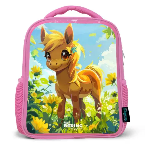 Bruine pony tussen gele bloemen Kinderrugzak - Roze middel -3d