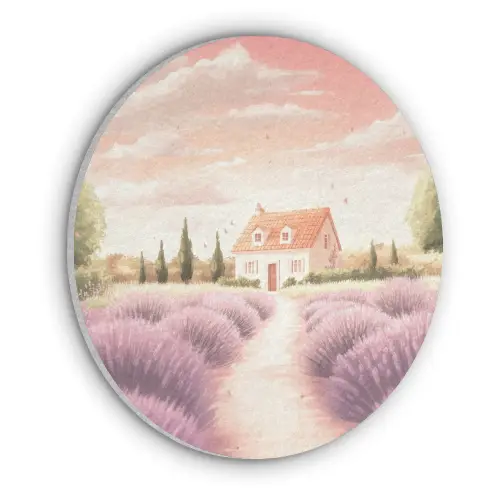 Lavendelveld - Huis - Paars Akoestische PET Vilt - Rond klein -3d