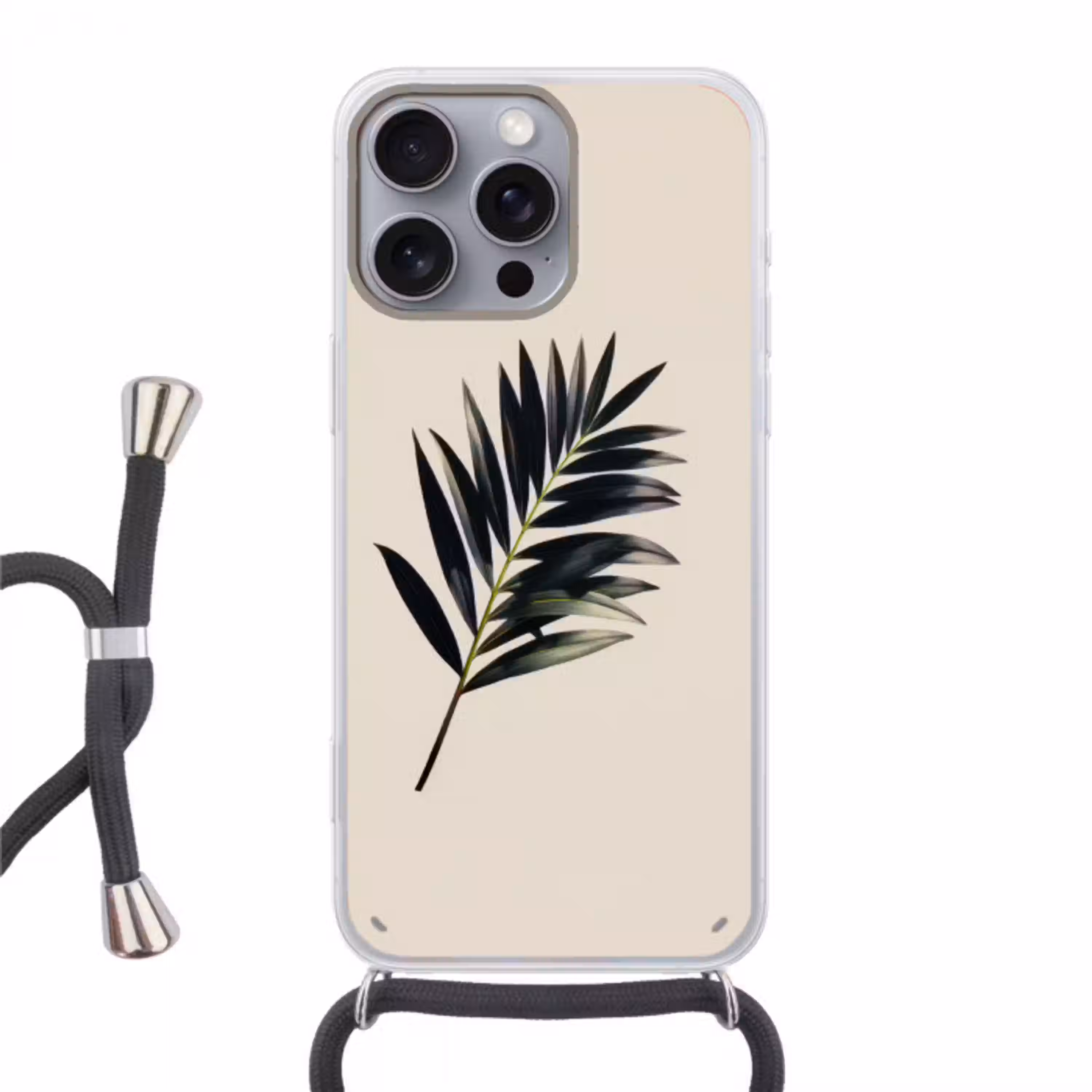 Palmblad - Subtiel - Groen - beige Hoesje iPhone 16 Pro Max met koord klein -3d