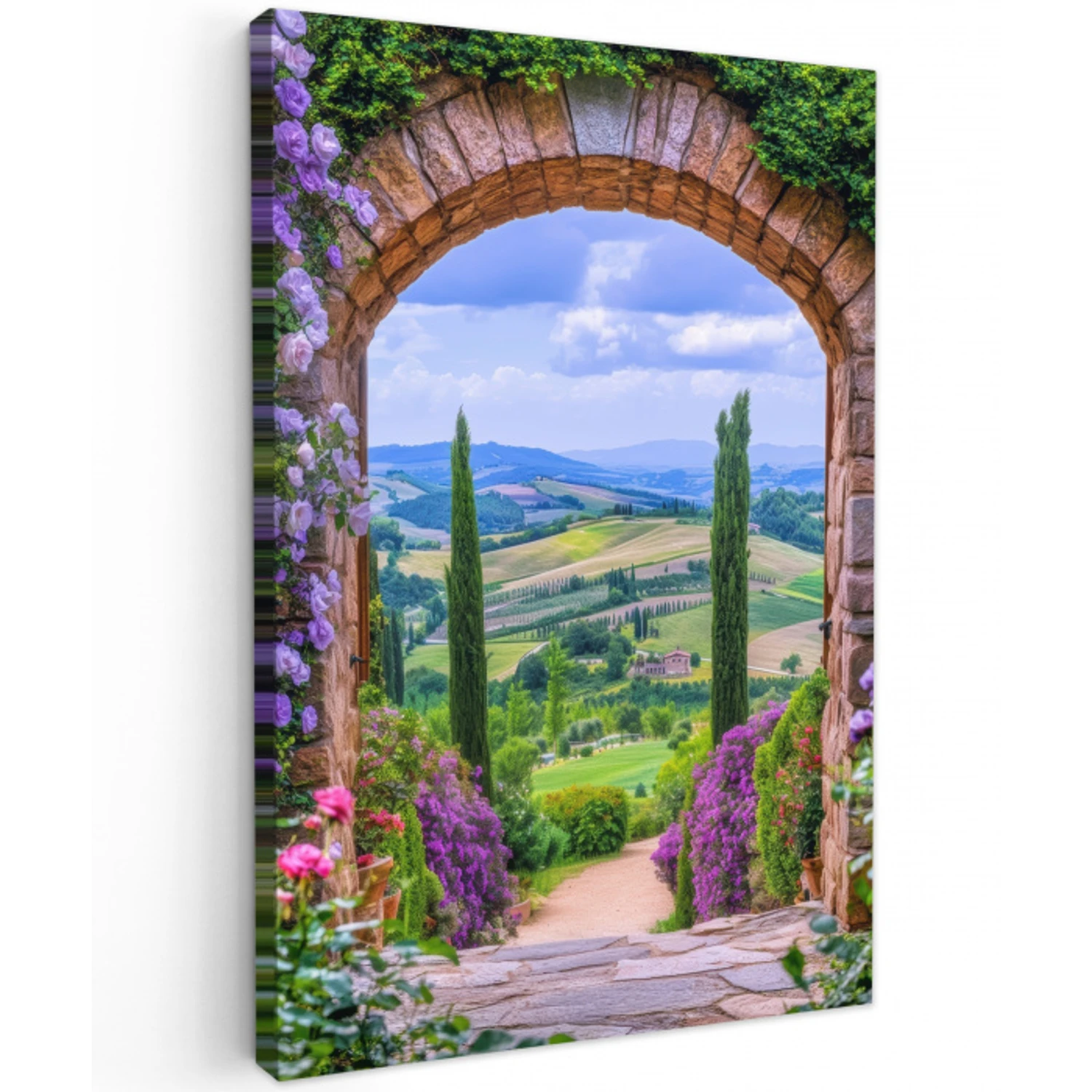 Doorkijk - Toscane - Landschap - Poort Tuinposter op houten frame 2 cm dik klein -3d
