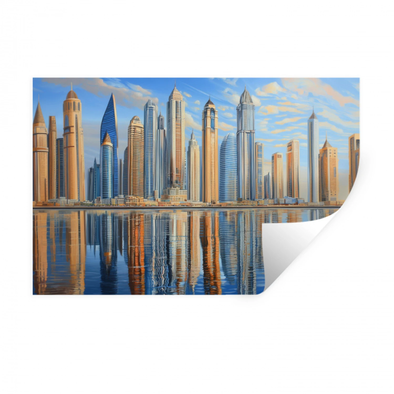 Skyline - Wolkenkrabbers - Water - Blauw Muursticker klein -3d