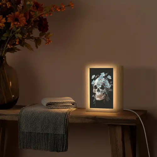 Schedel - Blauw - Bloemen - Bladeren Light Box met kabel (Tafellamp) klein -sfeer4