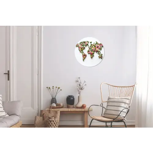 Wereldkaart - Kleurrijk - Bloemen - Lente Wandcirkel aluminium klein -woonkamer